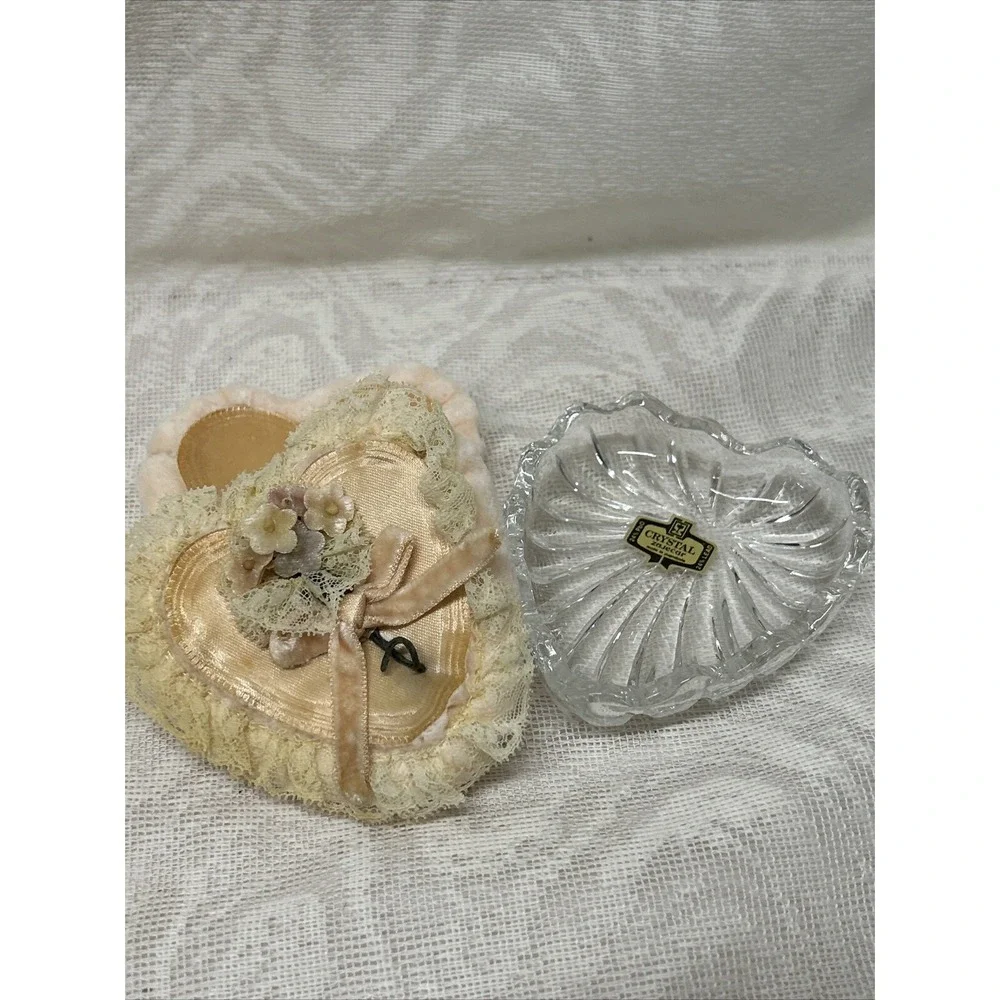 Lead CRYSTAL Heart Shaped Dish With Powder Puffs Trinkets Tray Cosmetics Zajecar